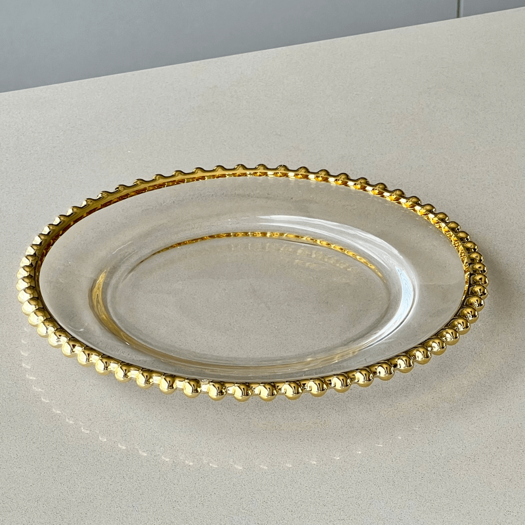 Prato Sobremesa Cristal com Borda Bolinha Dourada Pearl - 20 cm