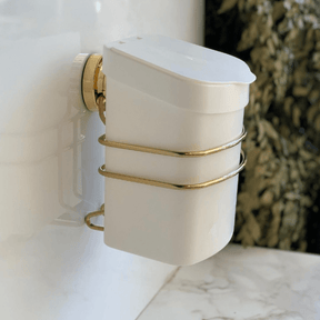 Suporte Com Lixeira De Fixacao Ventosa Branco com Dourado 2,5 Litros