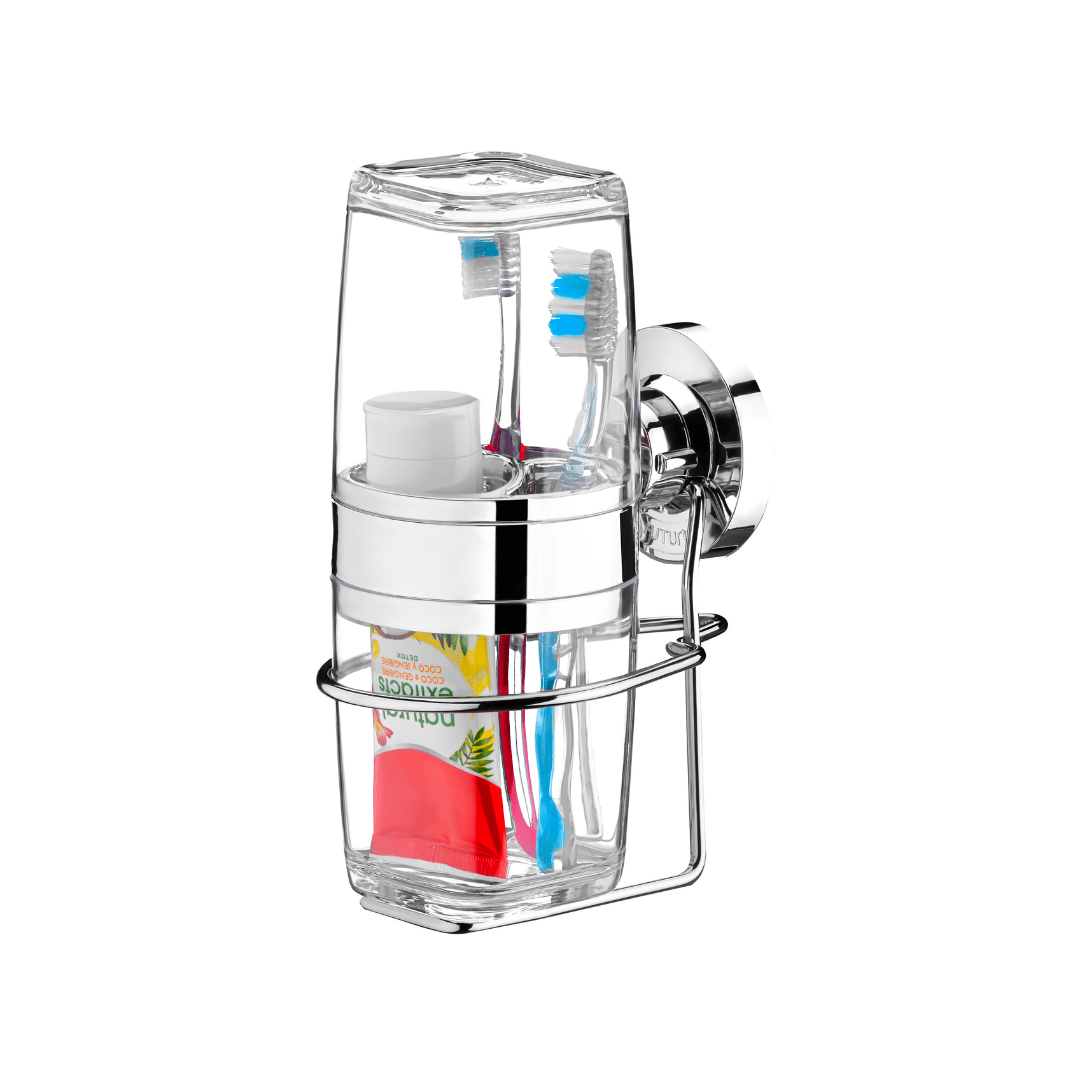 Suporte com Porta Escova e Creme Dental com Ventosa Cromado