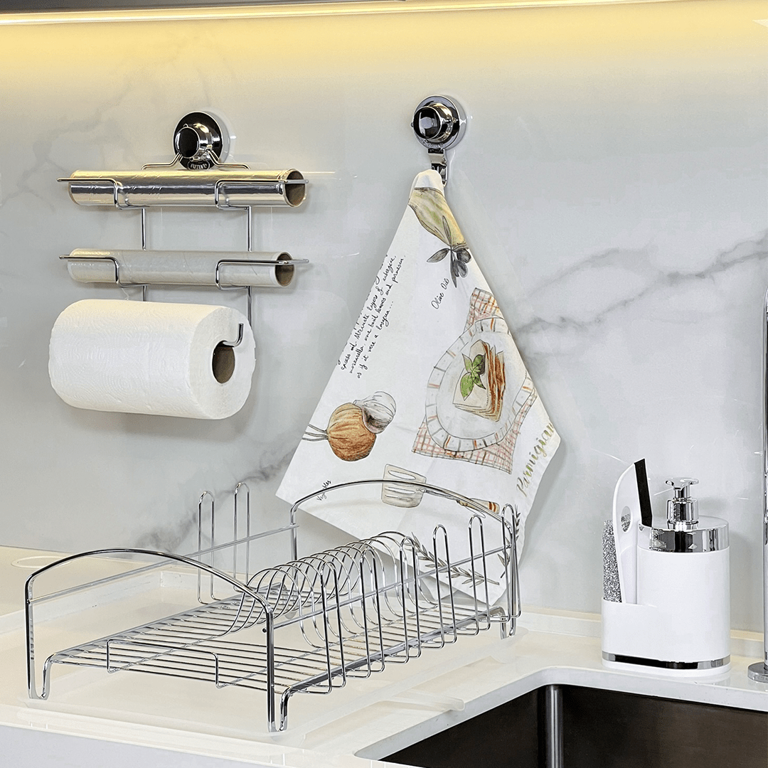 Suporte de Rolos Triplo para Papel Toalha/Alumínio/PVC com Ventosa Cromado