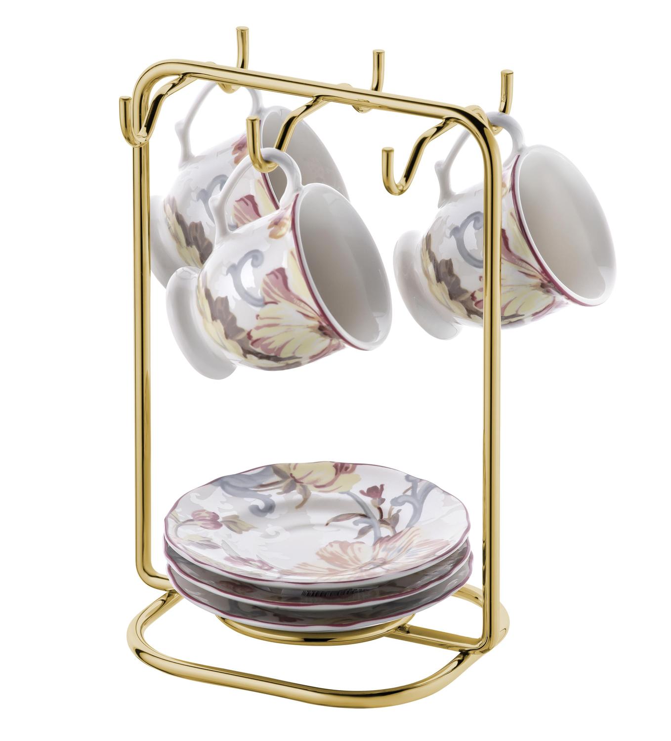 Suporte para Xicaras e Pires de Café Aço Dourado