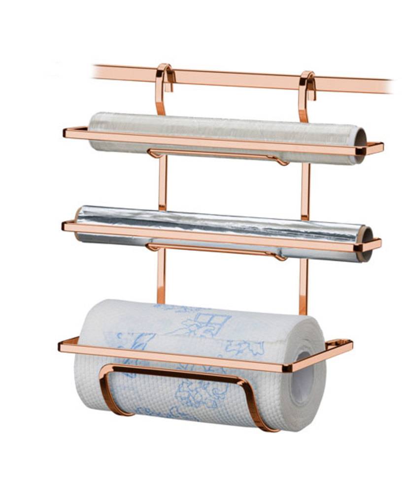 Suporte Porta Rolos Triplo Papel Toalha Alumínio e PVC Para Barra Luxo Rose Gold