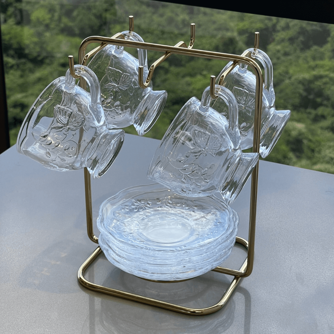 Suporte para Xicaras e Pires de Café Aço Dourado