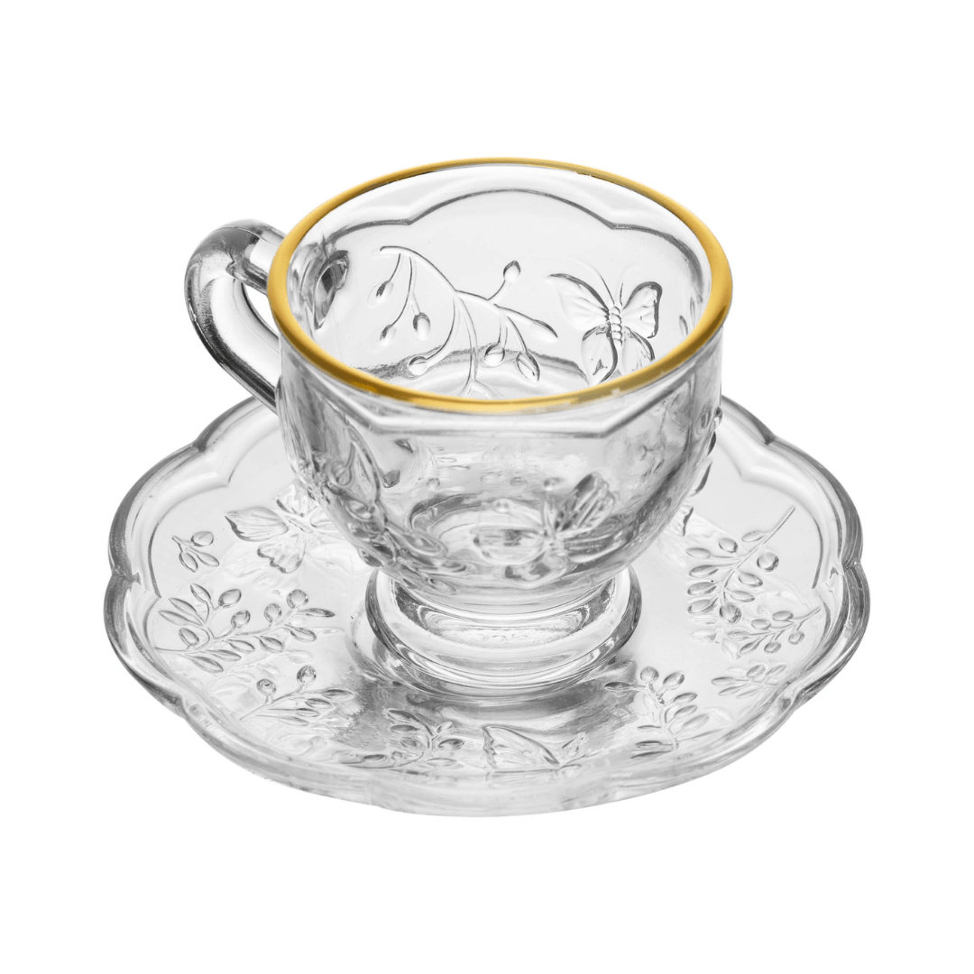 Xicara de Chá com Pires de Cristal New Butterfly Fio de Ouro 180ml