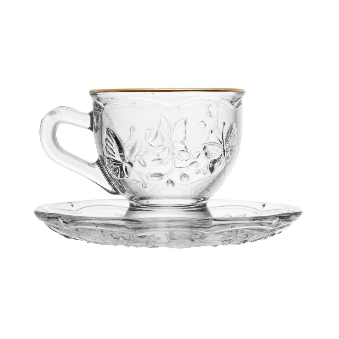 Xicara de Chá com Pires de Cristal New Butterfly Fio de Ouro 180ml