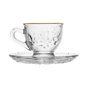 Xicara de Chá com Pires de Cristal New Butterfly Fio de Ouro 180ml