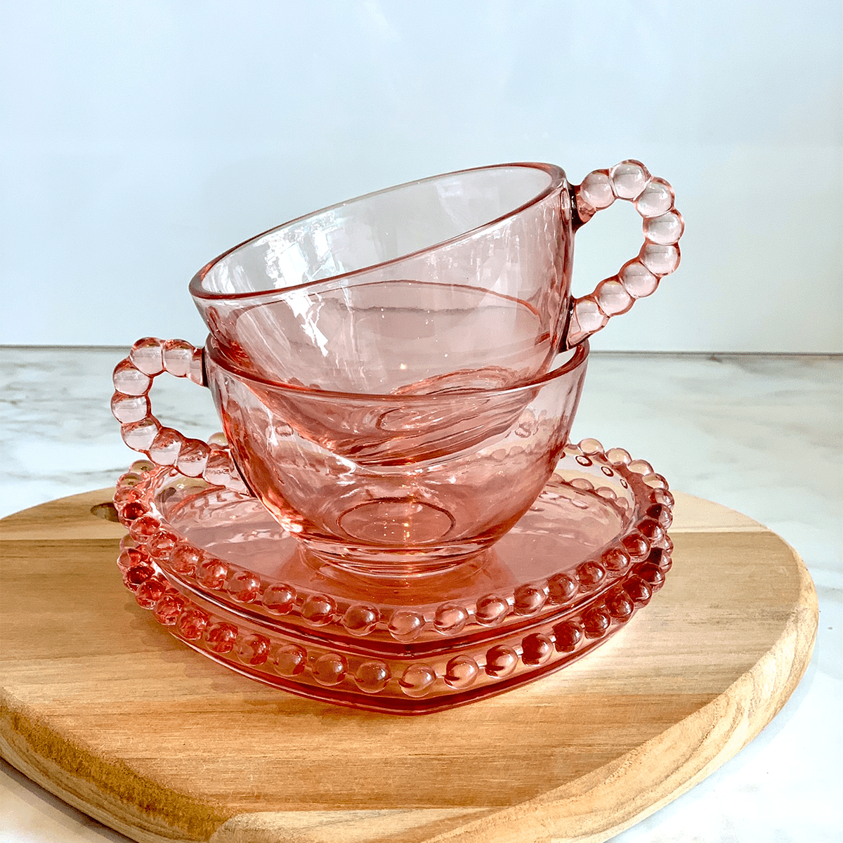 Xícara de Chá com Prato de Coração Pearl Bolinha Rosa - 180ml