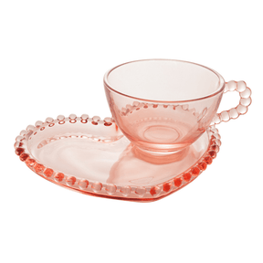 Xícara de Chá com Prato de Coração Pearl Bolinha Rosa - 180ml