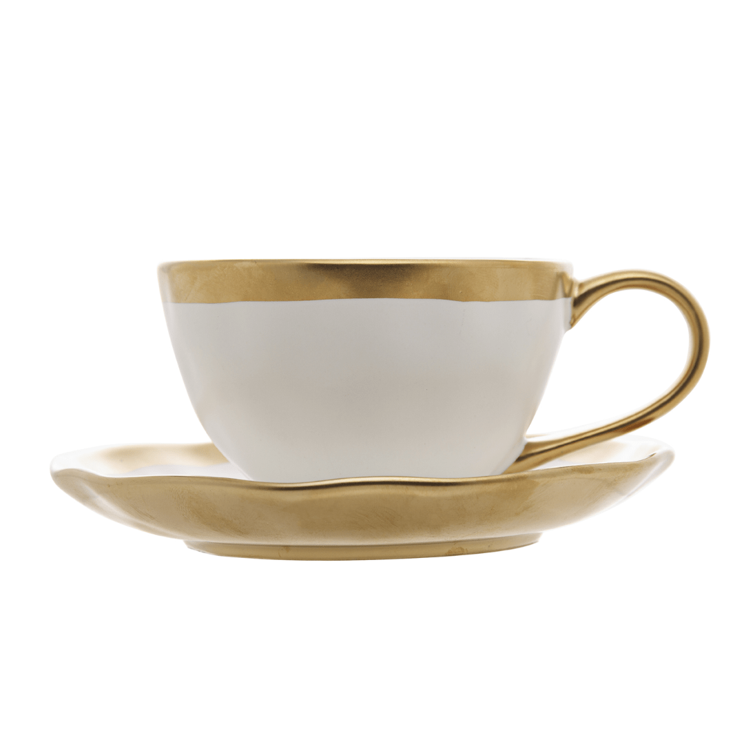 Xícara de Chá com Pires em Porcelana Dubai Branco e Dourado 200ml