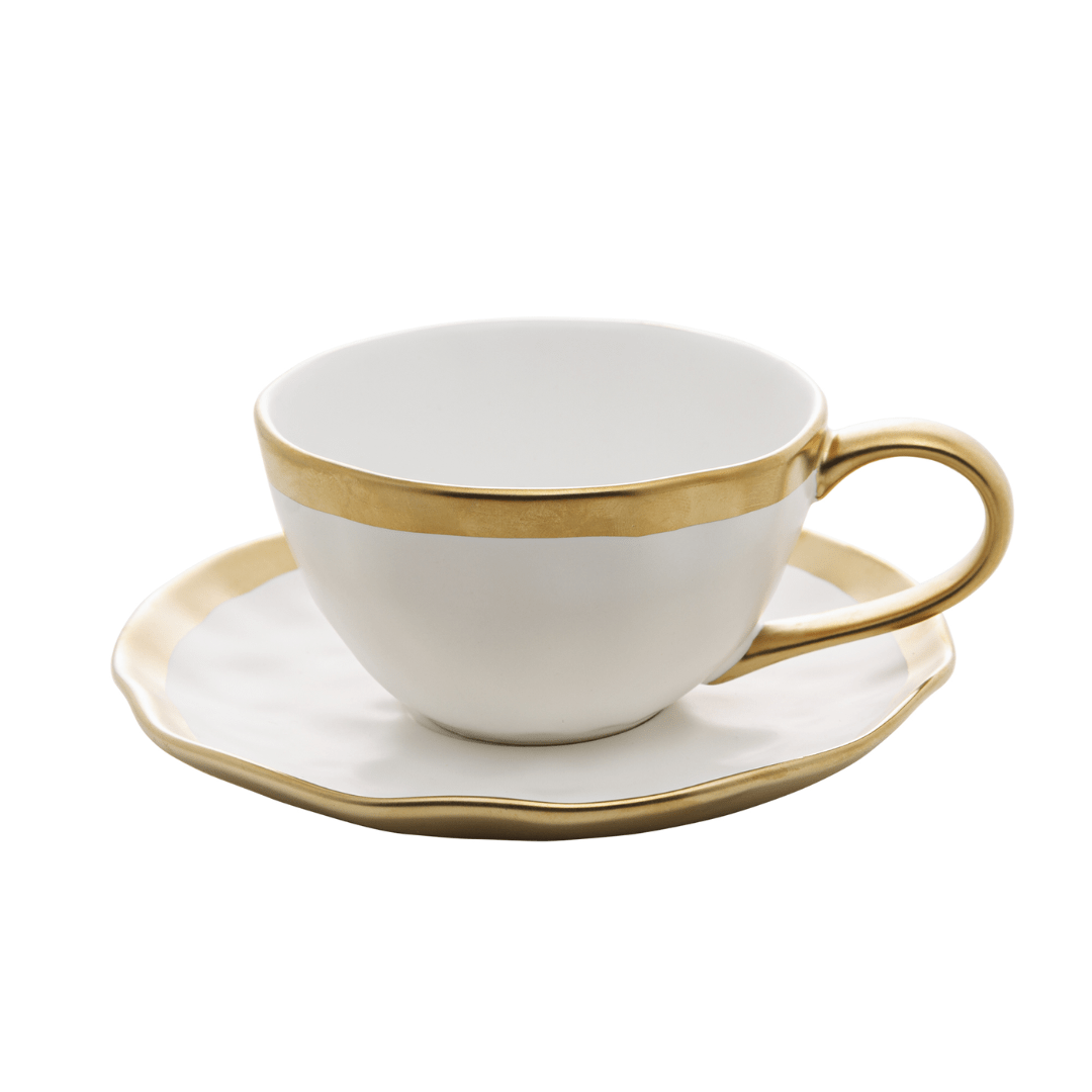 Xícara de Chá com Pires em Porcelana Dubai Branco e Dourado 200ml