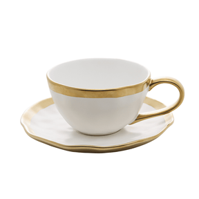 Xícara de Chá com Pires em Porcelana Dubai Branco e Dourado 200ml