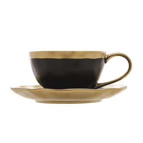 Xícara de Chá com Pires em Porcelana Dubai Preto e Dourado 200ml