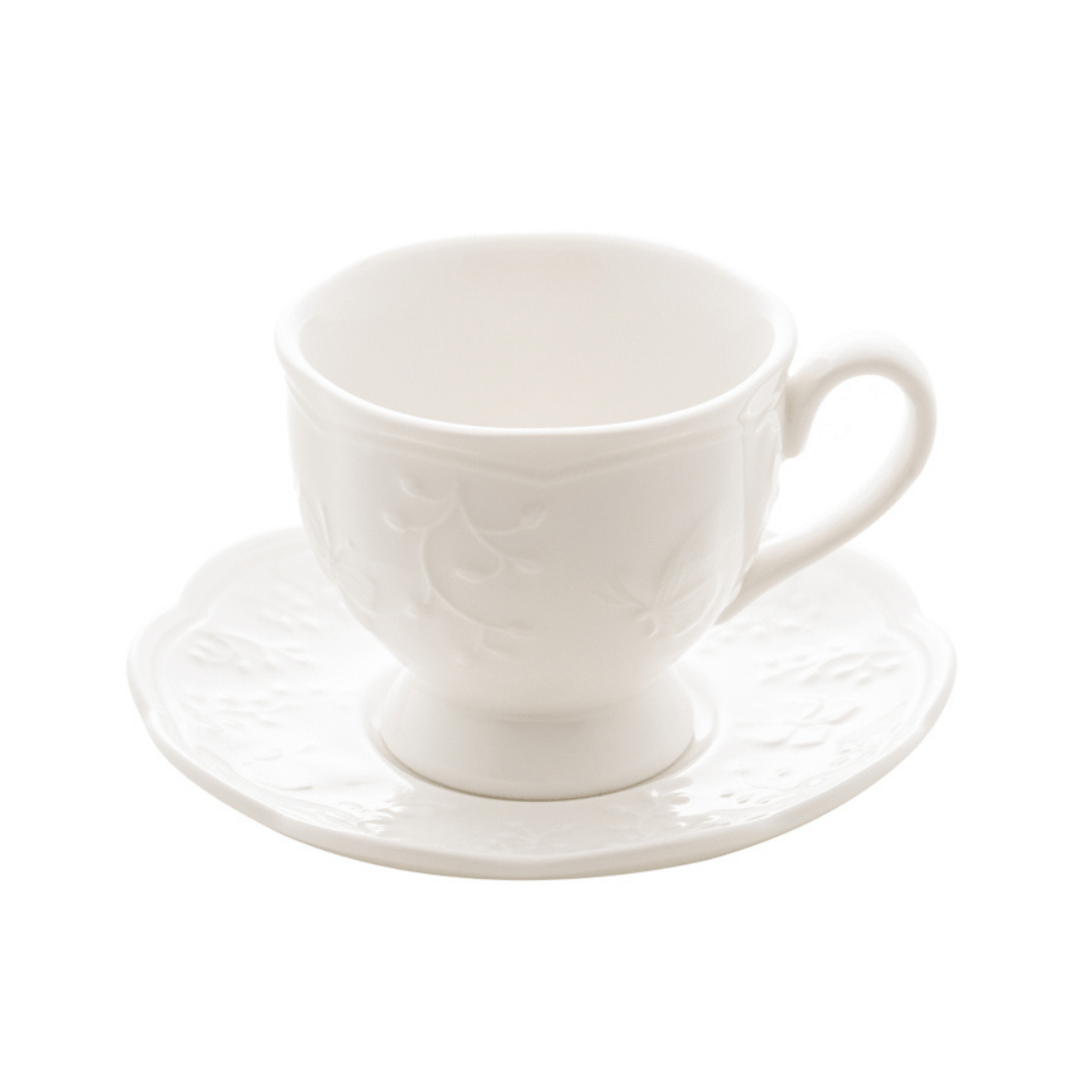 Xícara para Café com Pires de Porcelana New Bone Butterfly Flower