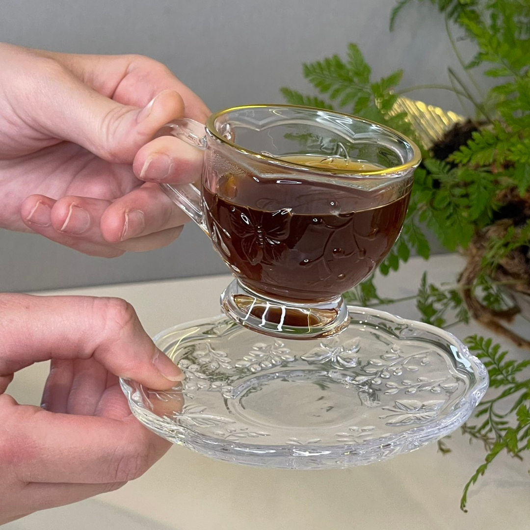 Xicara de Café com Pires de Cristal Fio de Ouro New Butterfly 80ml