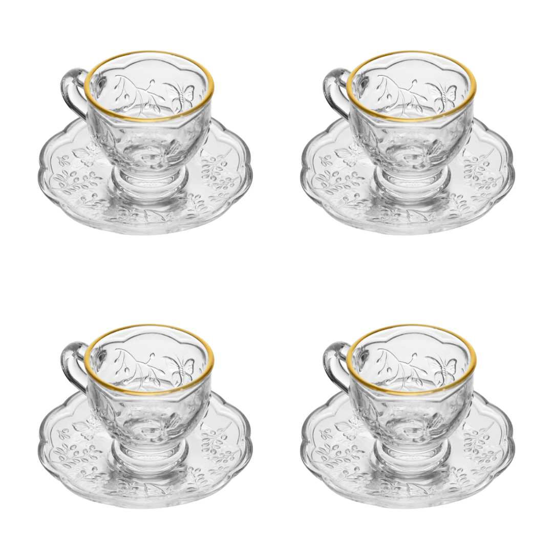 Kit 4 Xícaras de Chá New Butterfly Fio de Ouro